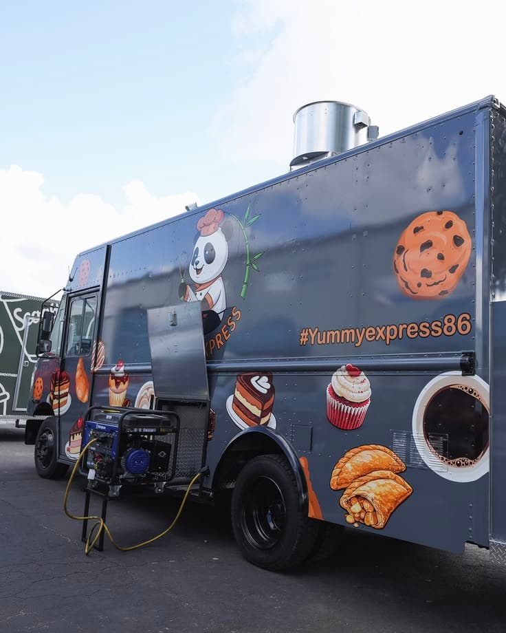 Professional food truck propane installation with secure propane tanks and commercial kitchen equipment.